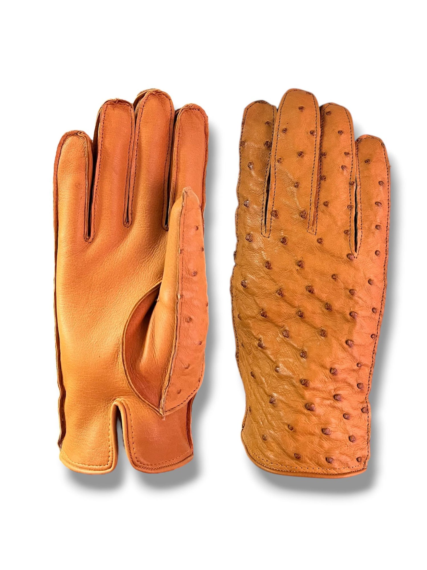 Guanti da uomo in vera pelle metis e dorso struzzo foderati in cashmere.