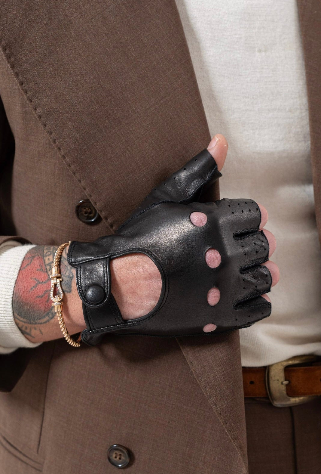 Guanti da uomo sportivo guida in vera pelle metis a mezze dita sfoderati