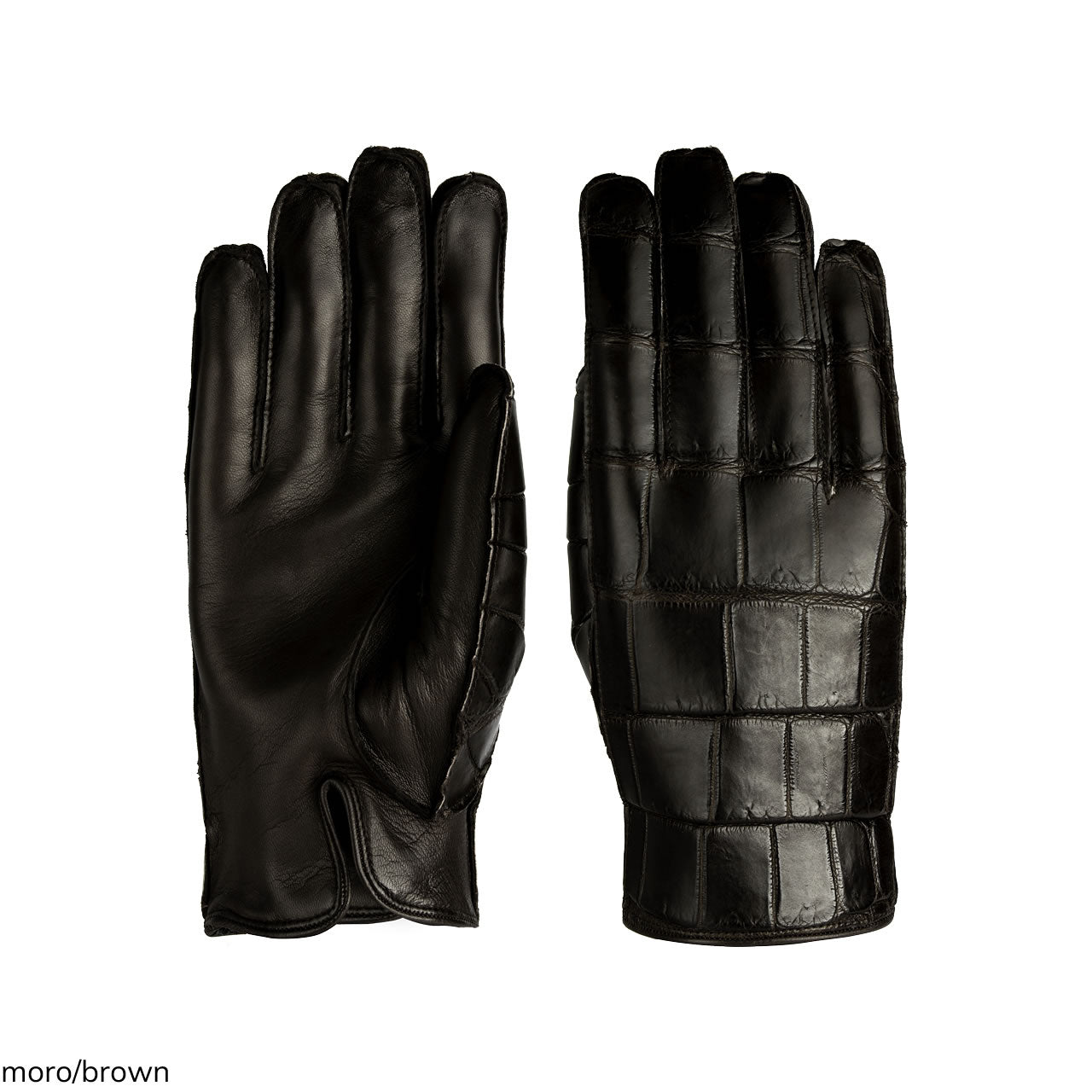 Gants homme en véritable cuir de métis avec dos en crocodile, doublés en cachemire.