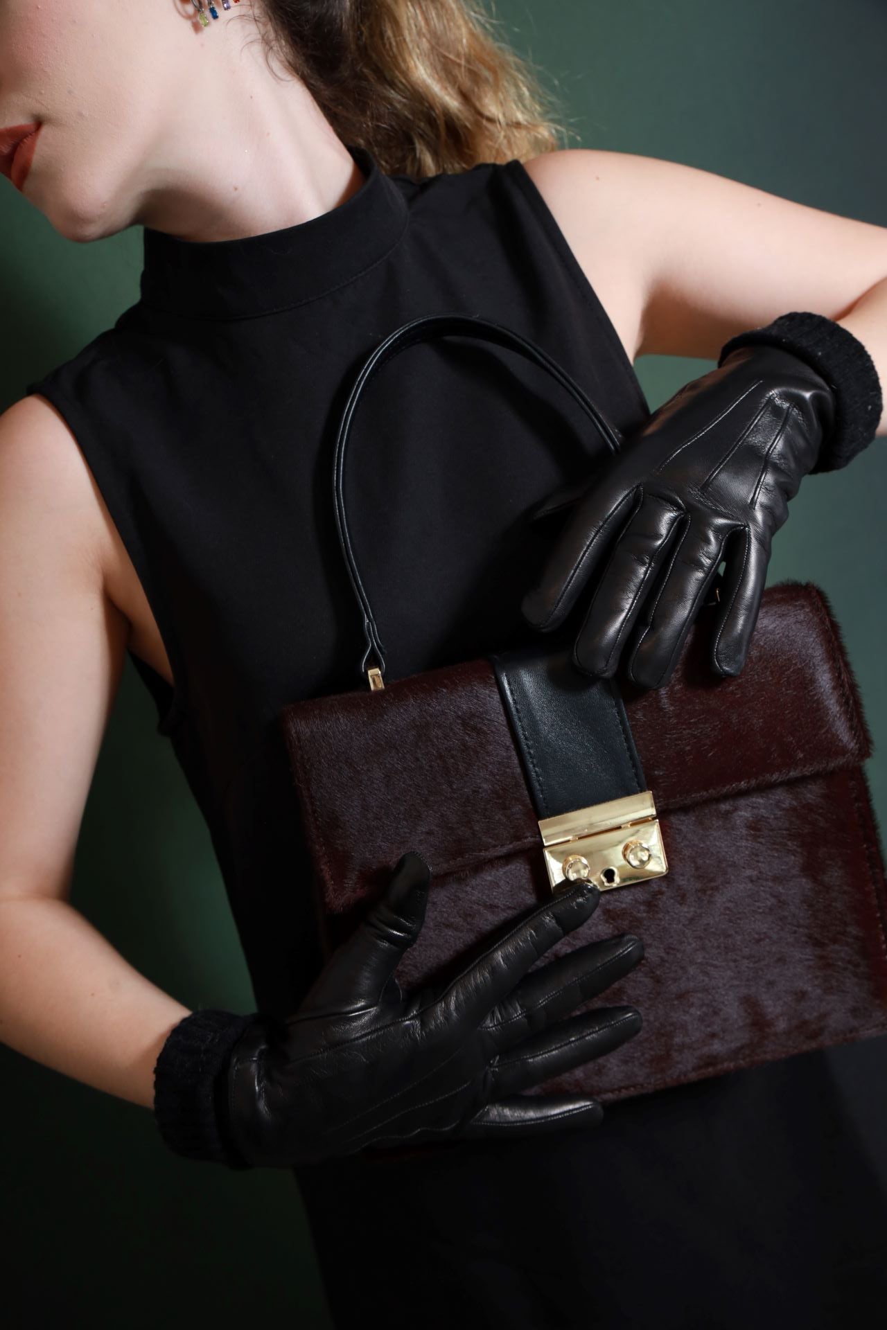 Gants pour femme en cuir de métis véritable avec doublure en cachemire et poignets en laine