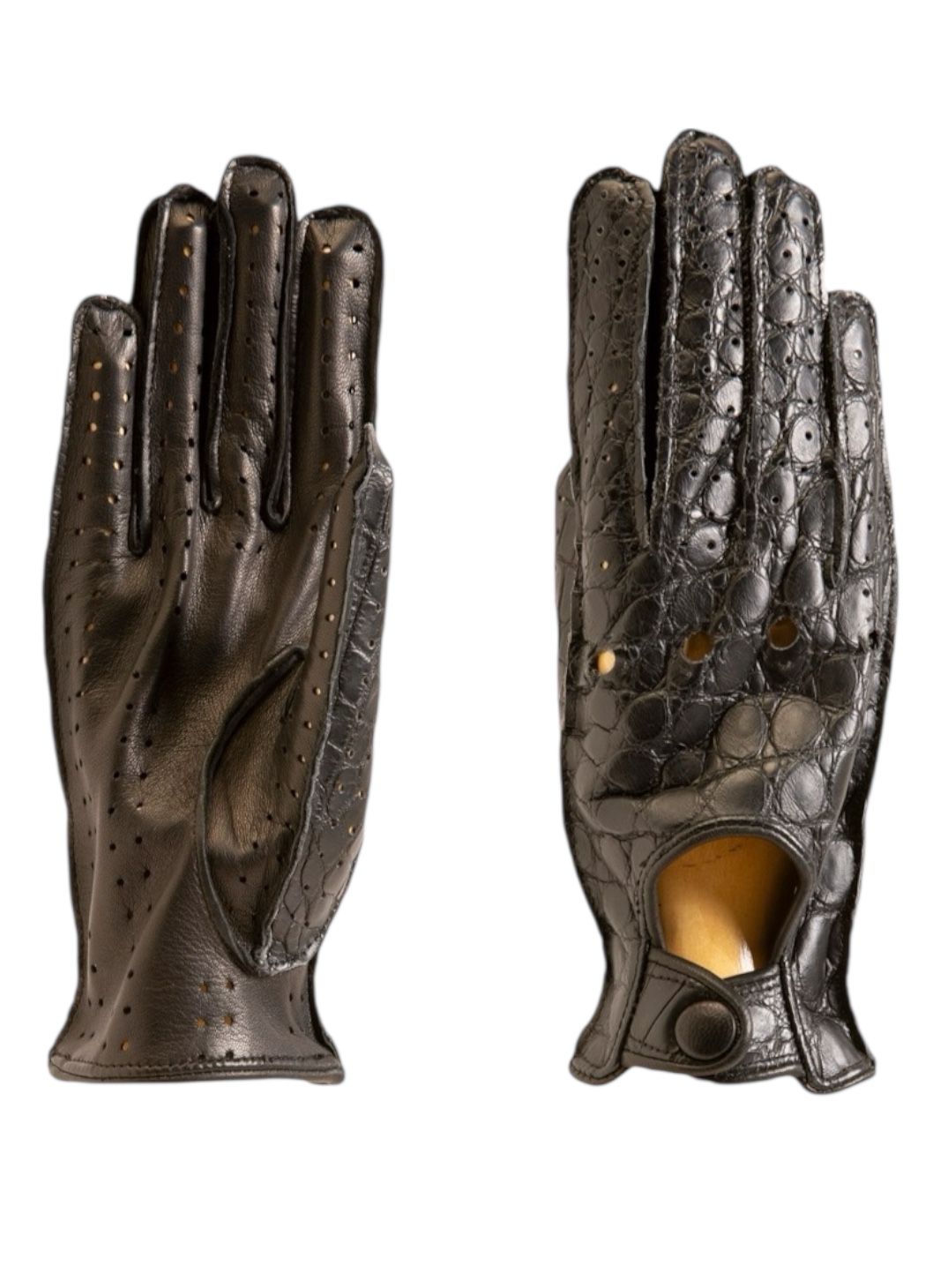 Guanti da donna da guida in vera pelle metis e dorso Coccodrillo con bottone rivestito in pelle.