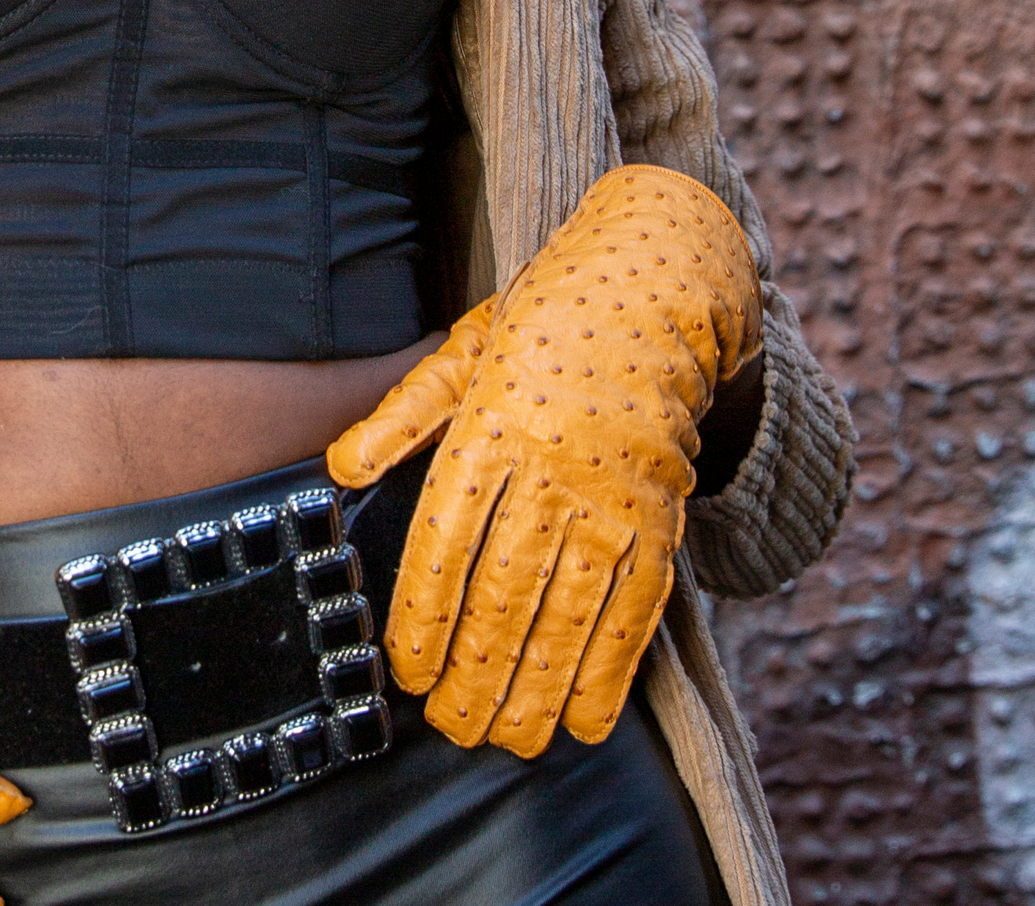 Women's gloves in genuine metis leather and ostrich back lined in cashmere.
