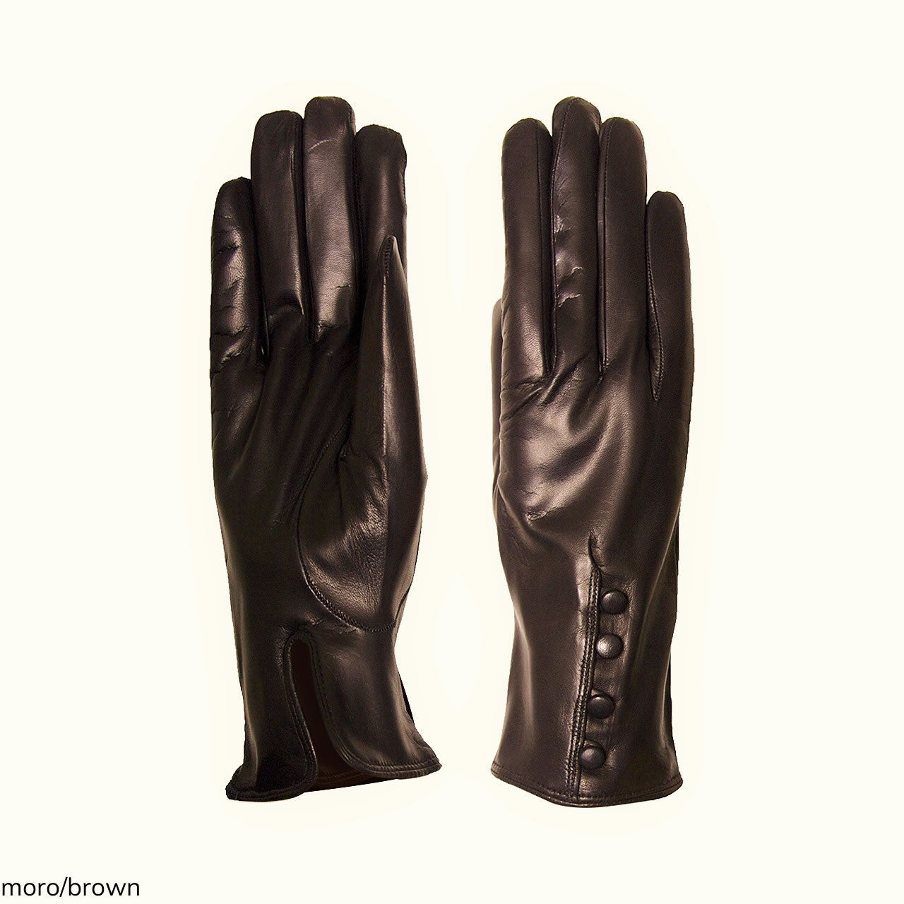 Trendy women's gloves in genuine metis leather and cashmere-lined buttons