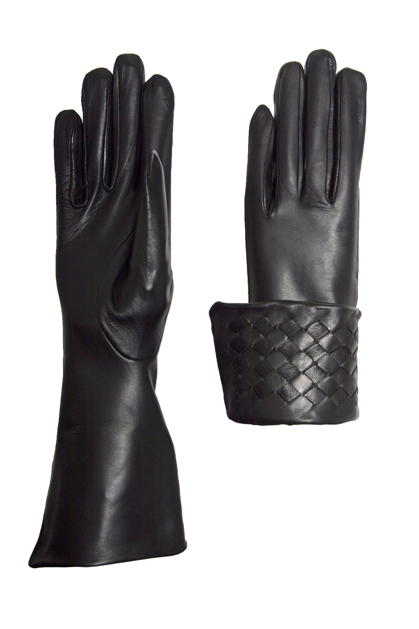 Trendy women's gloves in genuine metis leather lined in silk with braided cuff.