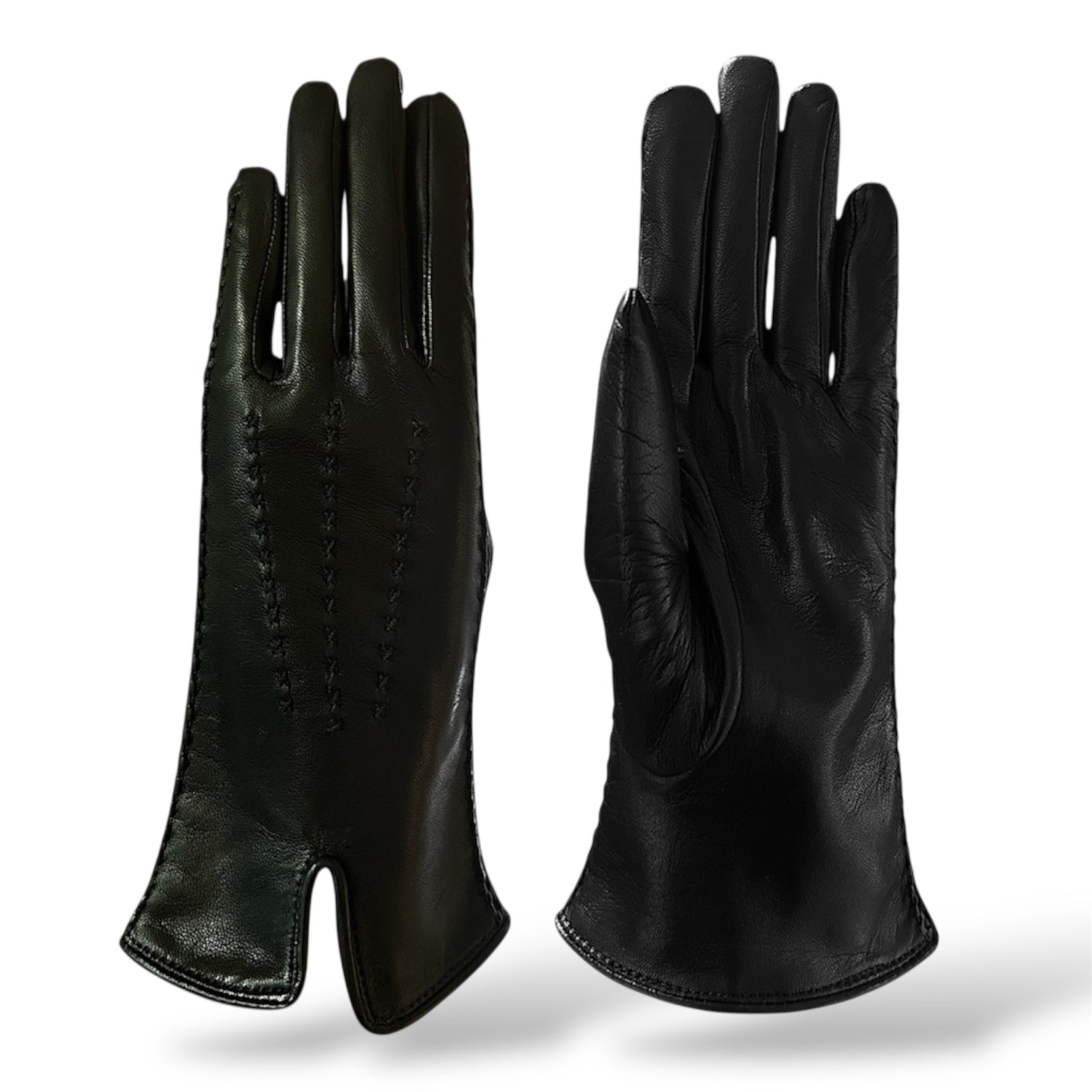 Guanti da donna trendy in vera pelle metis con baguette laterale e fodera in seta