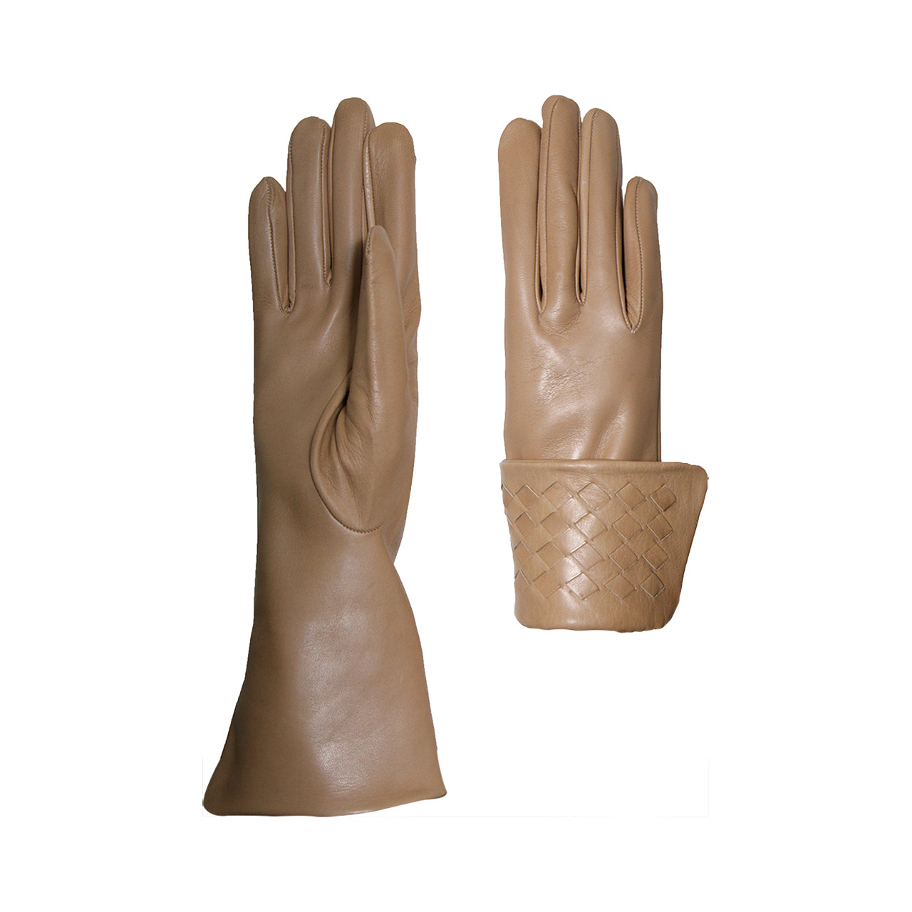 Trendy women's gloves in genuine metis leather lined in silk with braided cuff.