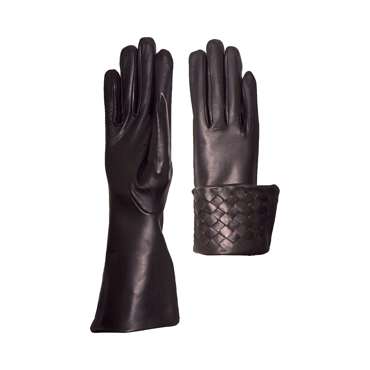 Trendy women's gloves in genuine metis leather lined in silk with braided cuff.